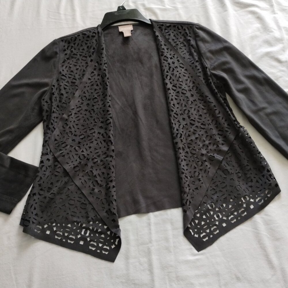 CHICO's Dark Gray 3/4 Sleeve LASER Cut ULTRA SUEDE Open Front JACKET Sz 0